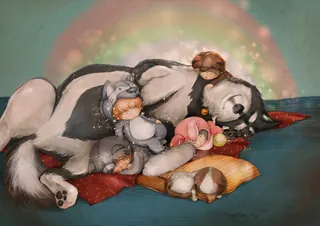 Sleeping dog and puppies resting together under a rainbow by Turine Tran