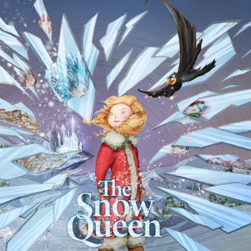 The Snow Queen standing amidst shattered ice shards with a black bird flying, by Turine Tran