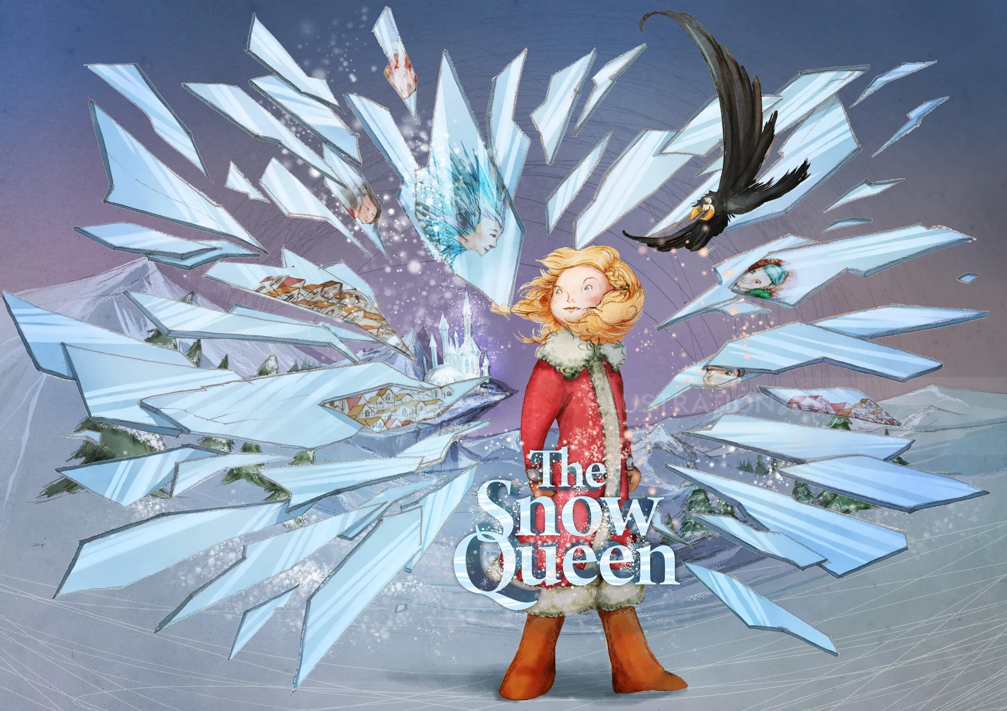 The Snow Queen standing amidst shattered ice shards with a black bird flying, by Turine Tran