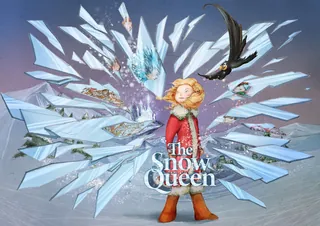 The Snow Queen standing amidst shattered ice shards with a black bird flying, by Turine Tran