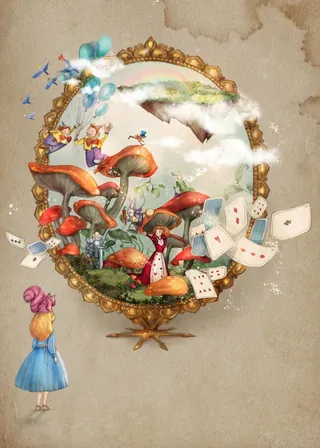 Alice standing before a magical mirror with mushrooms and playing cards flying by, by Turine Tran