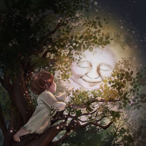 Child hugging smiling moon in tree at night by Turine Tran
