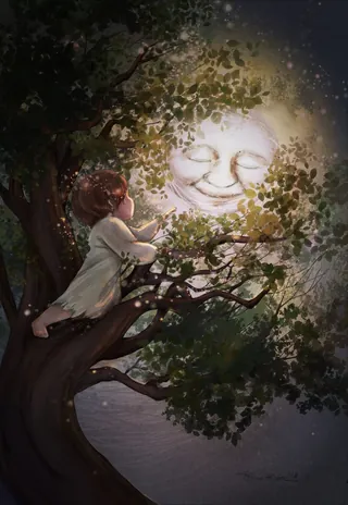 Child hugging smiling moon in tree at night by Turine Tran