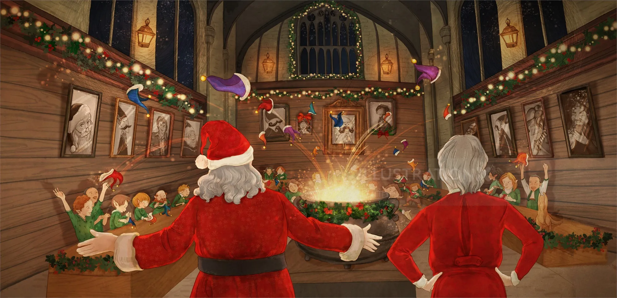 Santa Claus and Mrs. Claus in workshop with elves and holiday decorations by Turine Tran