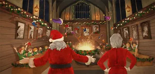 Santa Claus and Mrs. Claus in workshop with elves and holiday decorations by Turine Tran