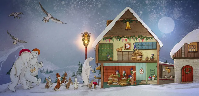 Winter night scene with polar bears and animals by a cabin with moon in background by Turine Tran
