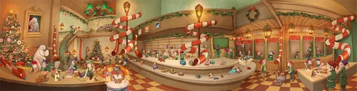 Festive bakery interior decorated with stockings and ornaments by Turine Tran
