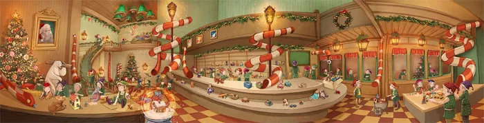 Festive bakery interior decorated with stockings and ornaments by Turine Tran