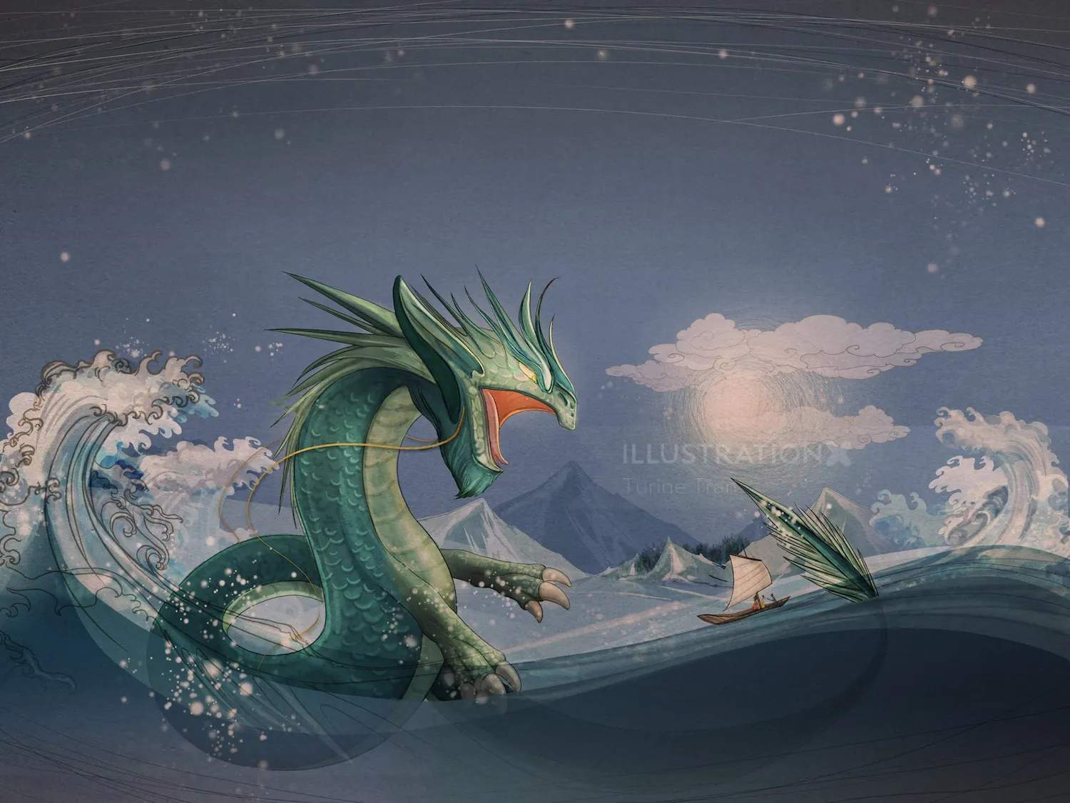 Sea dragon rising from ocean waves under a starry sky by Turine Tran