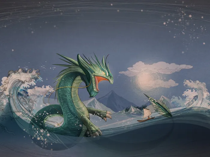 Sea dragon rising from ocean waves under a starry sky by Turine Tran