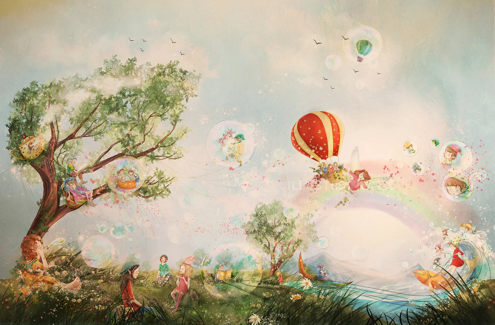 Surreal landscape with colorful hot air balloons and rainbow by Turine Tran