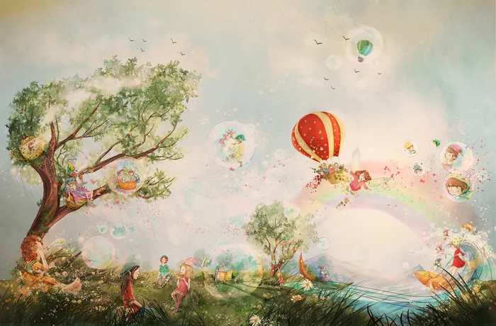 Surreal landscape with colorful hot air balloons and rainbow by Turine Tran