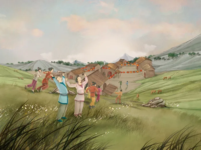 Villagers celebrating outdoors near wooden houses in countryside by Turine Tran