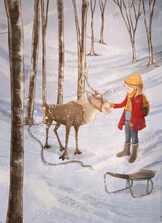 A girl gently touching a reindeer in snowy forest by Turine Tran