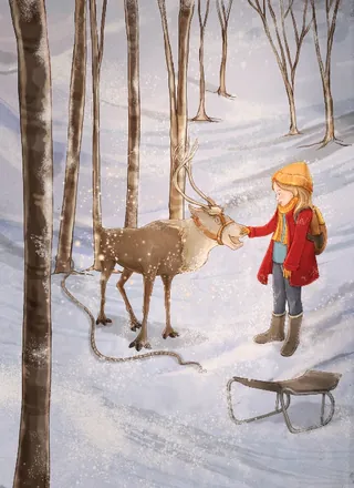 A girl gently touching a reindeer in snowy forest by Turine Tran