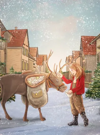Girl gently petting a saddled reindeer in a snowy village scene by Turine Tran
