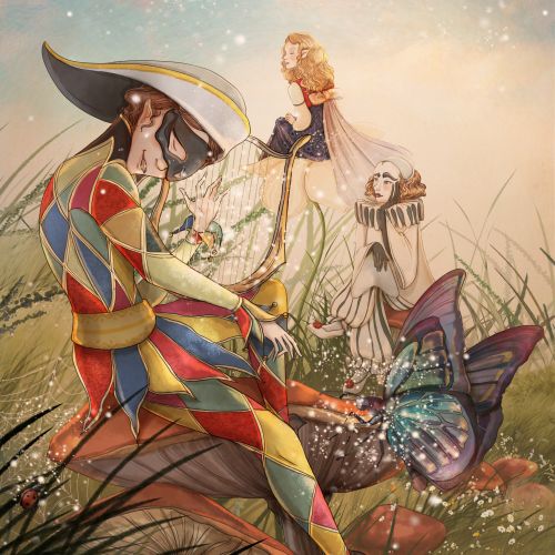 Harlequin figure with colorful costume and butterfly wings by Turine Tran