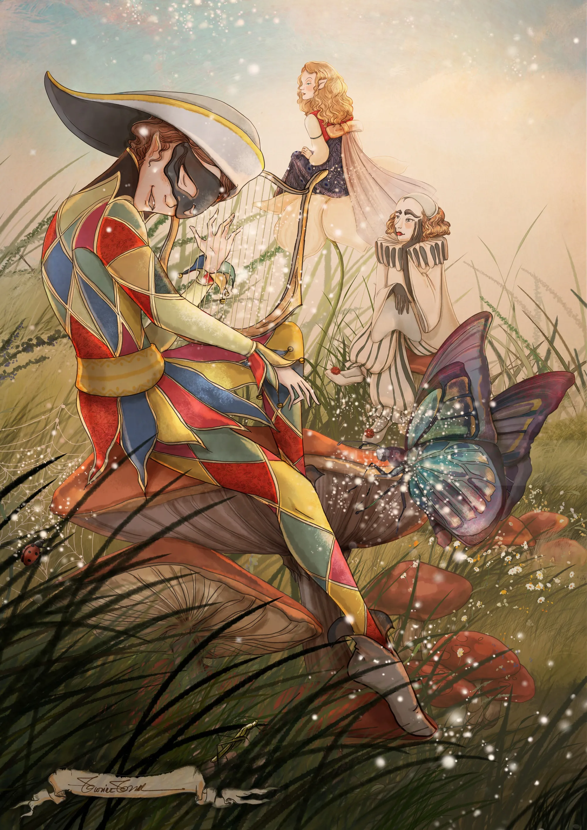 Harlequin figure with colorful costume and butterfly wings by Turine Tran