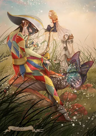 Harlequin figure with colorful costume and butterfly wings by Turine Tran