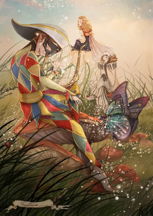 Harlequin figure with colorful costume and butterfly wings by Turine Tran