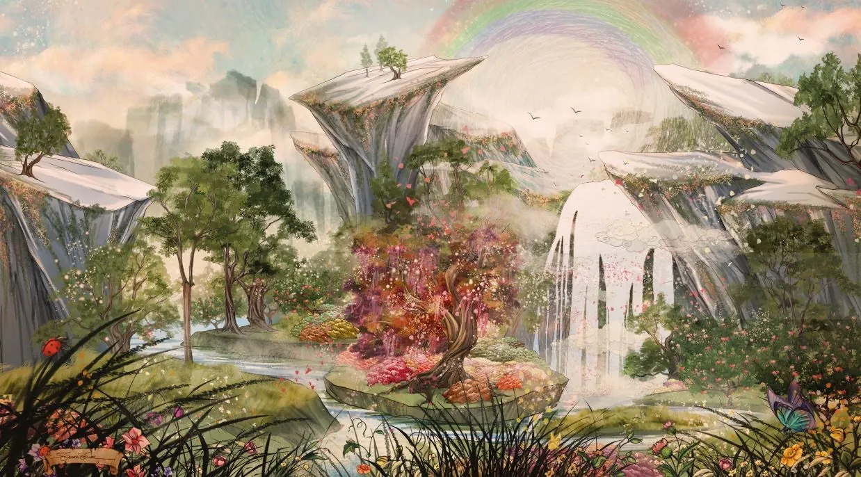 Surreal garden with floating rocks, rainbow, and waterfall by Turine Tran