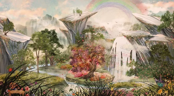 Surreal garden with floating rocks, rainbow, and waterfall by Turine Tran