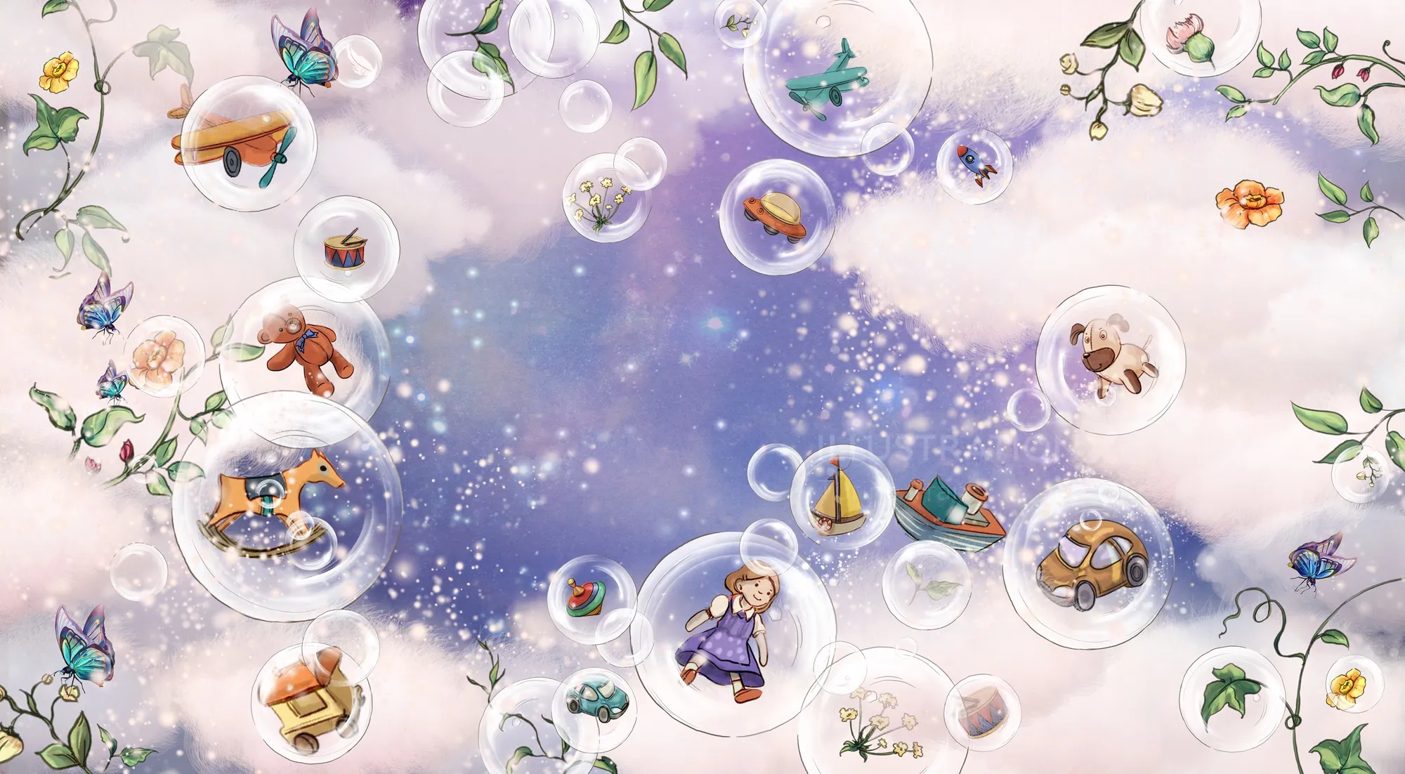 Dreamy sky with floating bubbles and small animals by Turine Tran