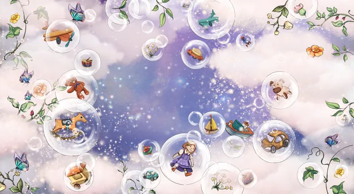 Dreamy sky with floating bubbles and small animals by Turine Tran