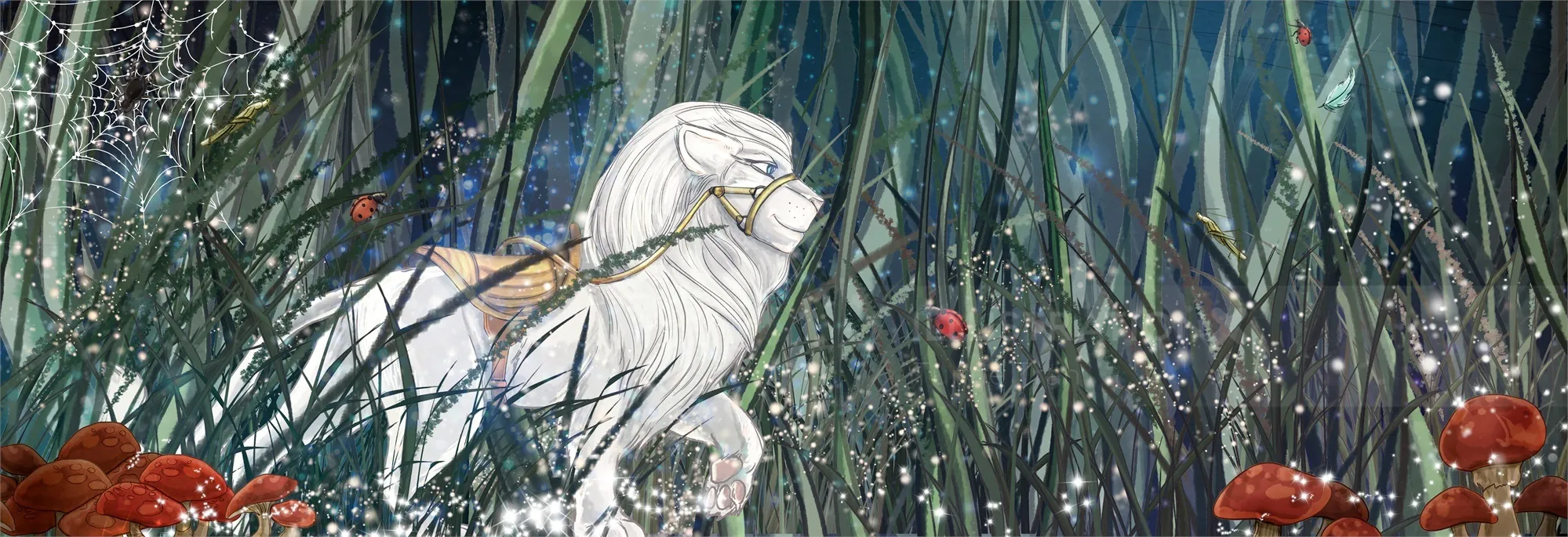 White horse standing among grass and red mushrooms in forest by Turine Tran