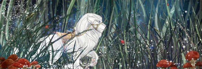 White horse standing among grass and red mushrooms in forest by Turine Tran