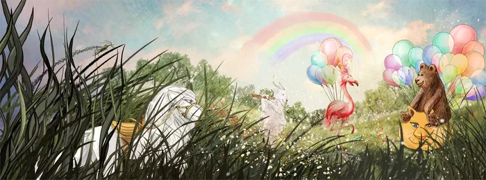 Whimsical scene with bear and flamingo holding balloons under a rainbow by Turine Tran