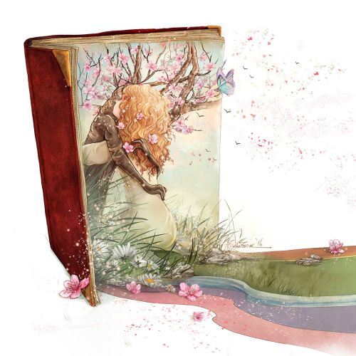 Open book with deer and floral design, rainbow path extending forward by Turine Tran