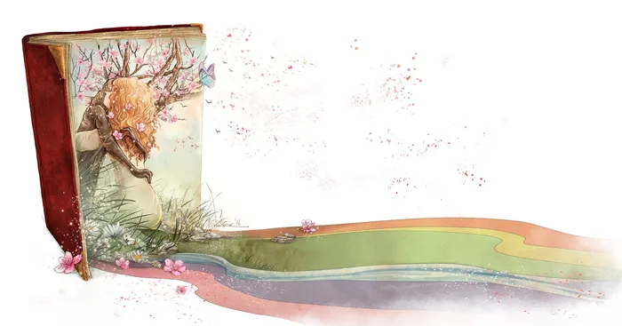 Open book with deer and floral design, rainbow path extending forward by Turine Tran