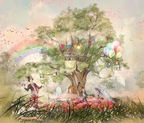 Whimsical tree party with balloons and lights by Turine Tran