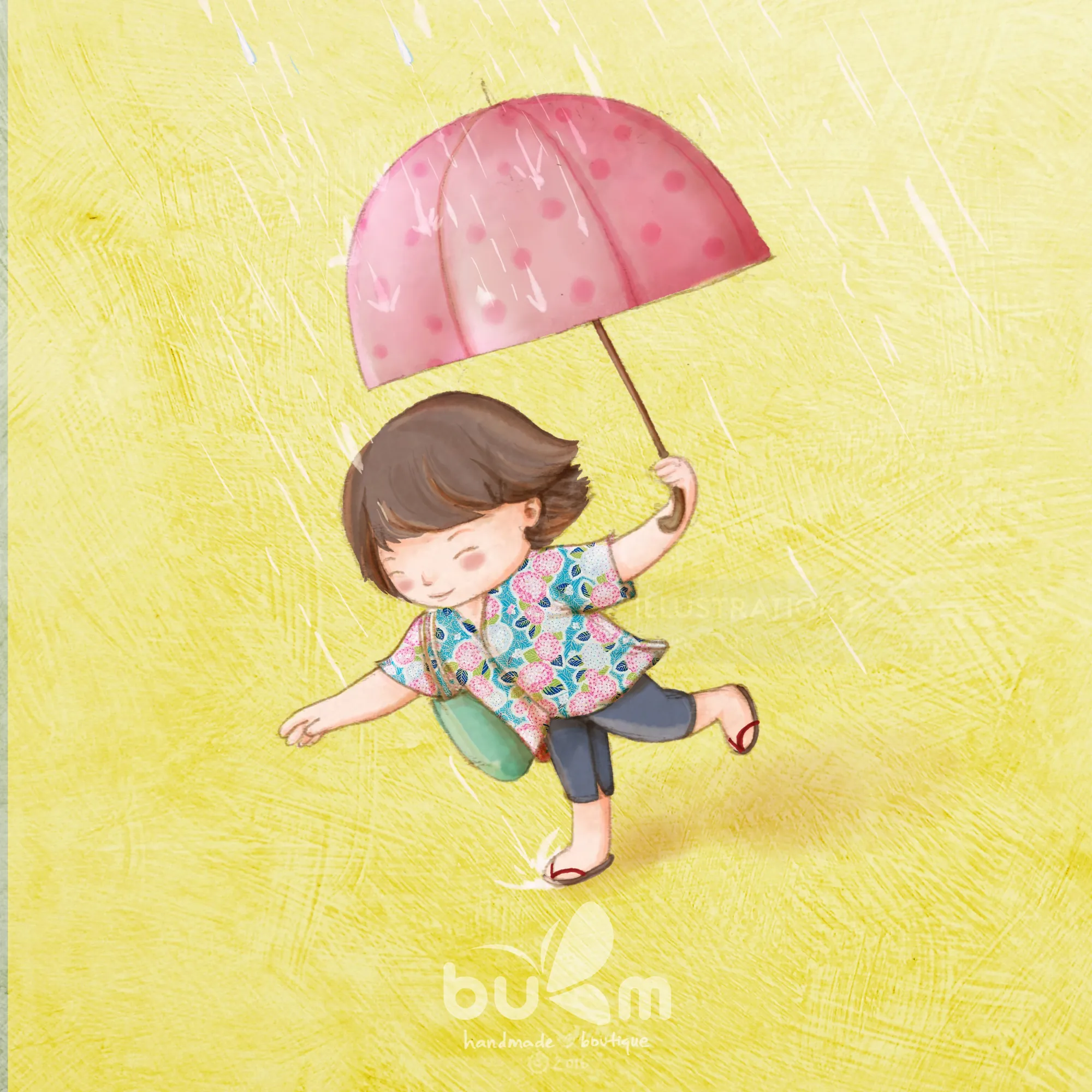 Child holding pink umbrella walking barefoot in rain by Turine Tran