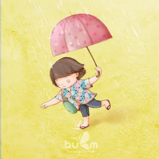Child holding pink umbrella walking barefoot in rain by Turine Tran
