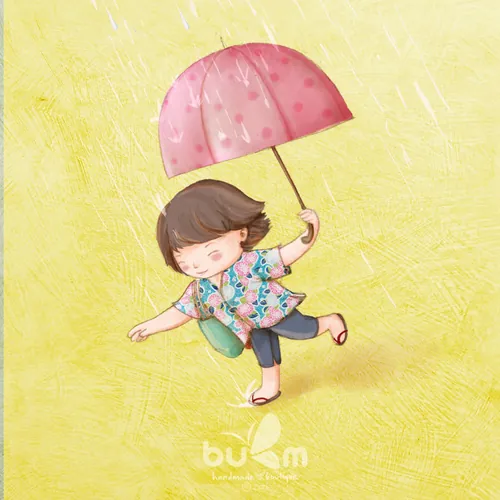 Child holding pink umbrella walking barefoot in rain by Turine Tran
