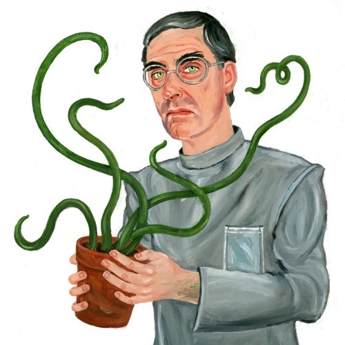 Painting of man with plant in pot
