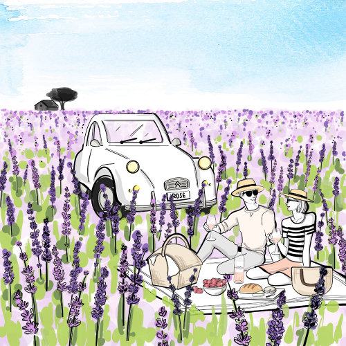 Watercolor illustration of couple picnic 