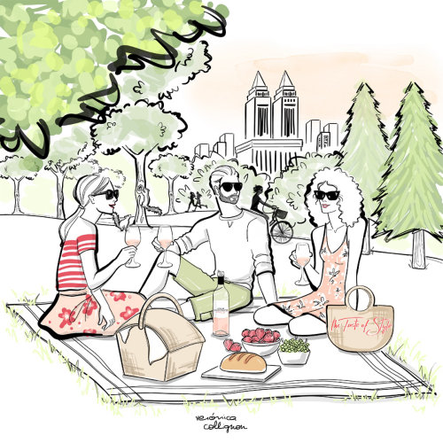 Watercolor painting of Friends at a picnic in Central Parc sipping Rose