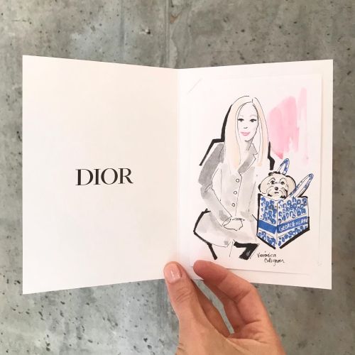 Illustration of woman and dog in Dior card by Veronica Collignon