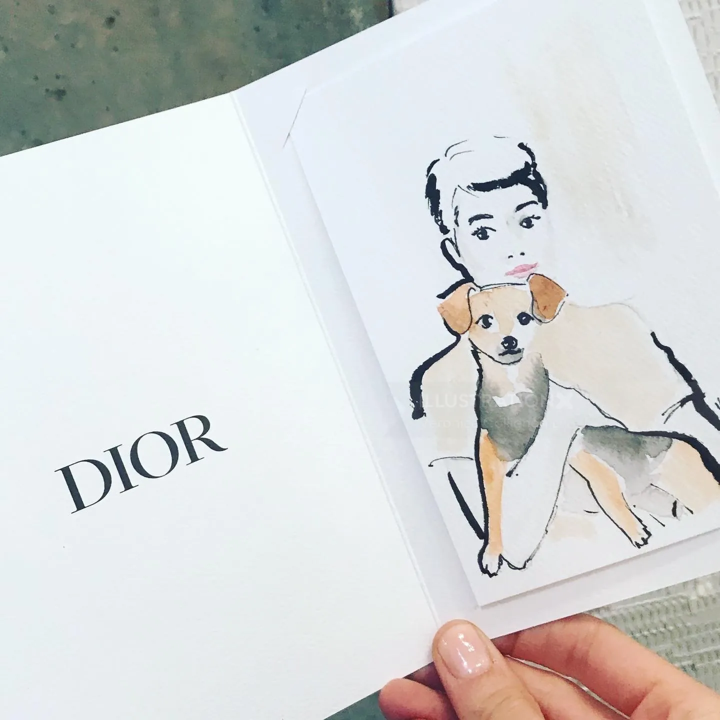Illustration einer Person mit einem kleinen Hund neben einem offenen Dior-Buch von Veronica Collignon