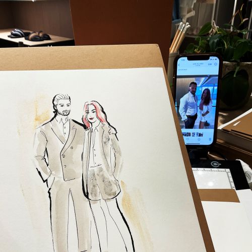 Drawing of a fashionable man and woman standing side by side.