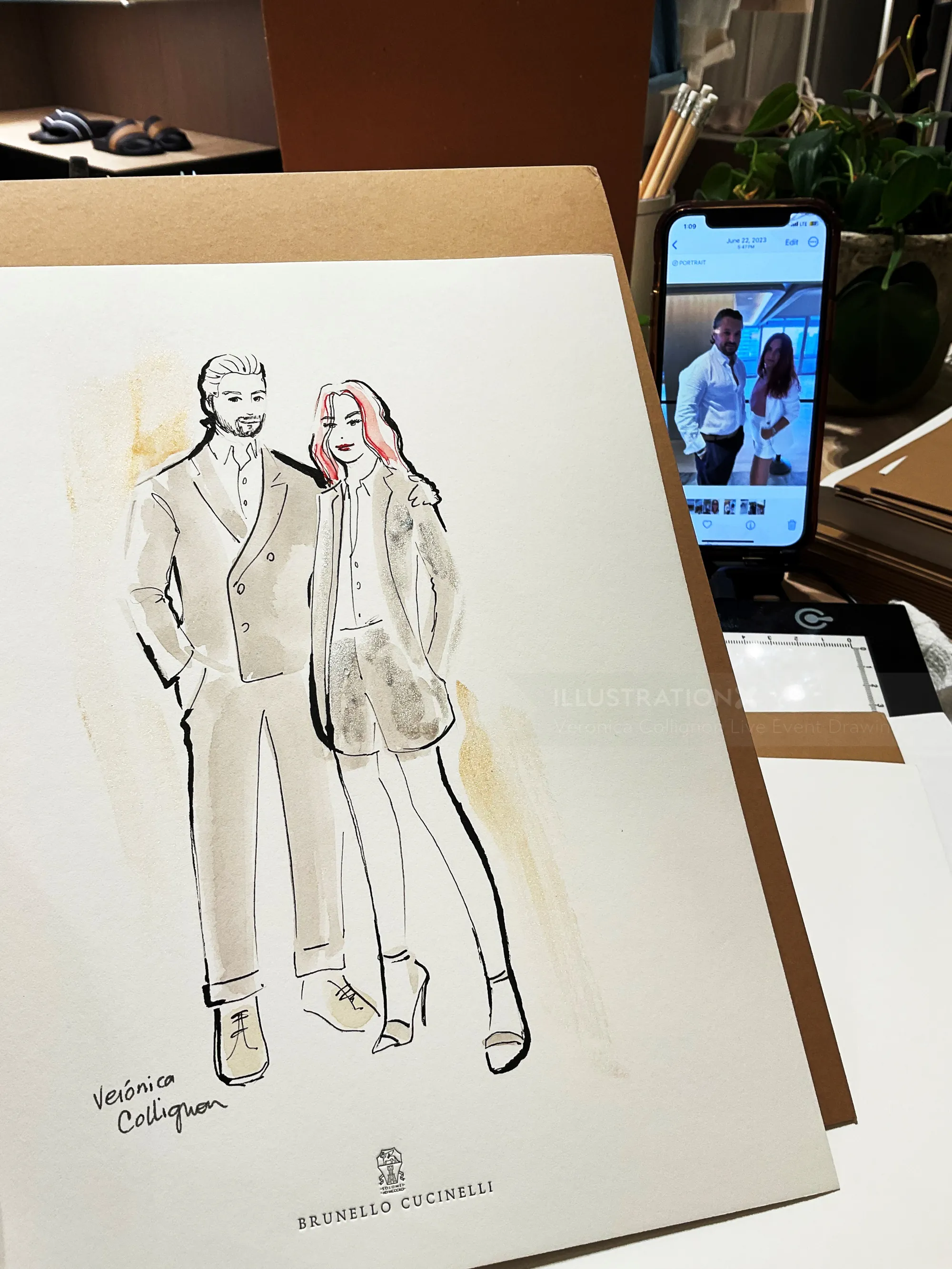 Drawing of a fashionable man and woman standing side by side.