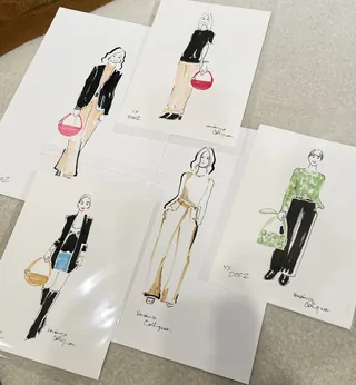 Set of five fashion illustration sketches showing women in various outfits