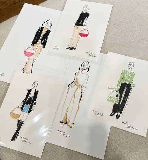 Set of five fashion illustration sketches showing women in various outfits