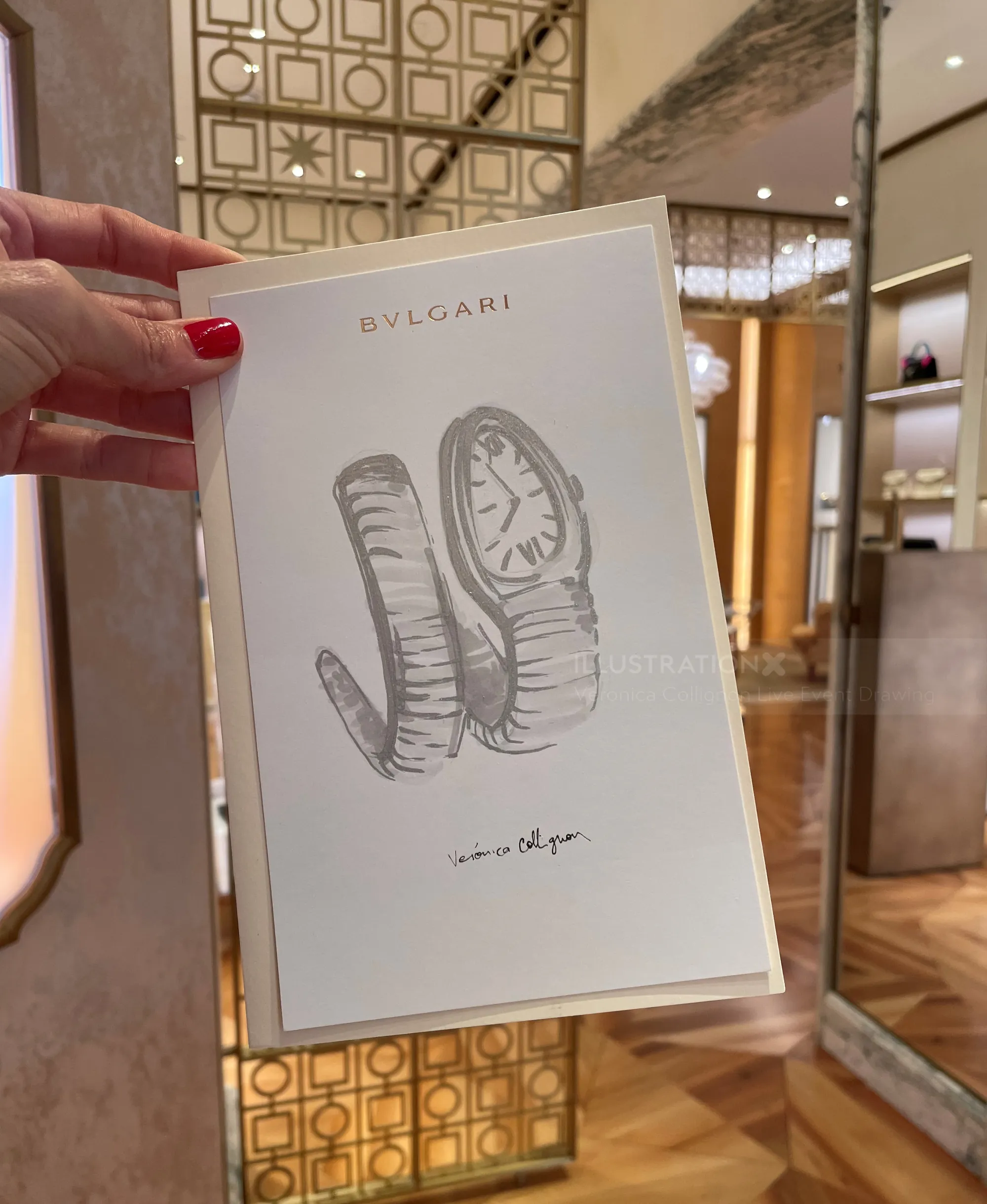 Hand holding Bulgari watch ad card inside elegant boutique