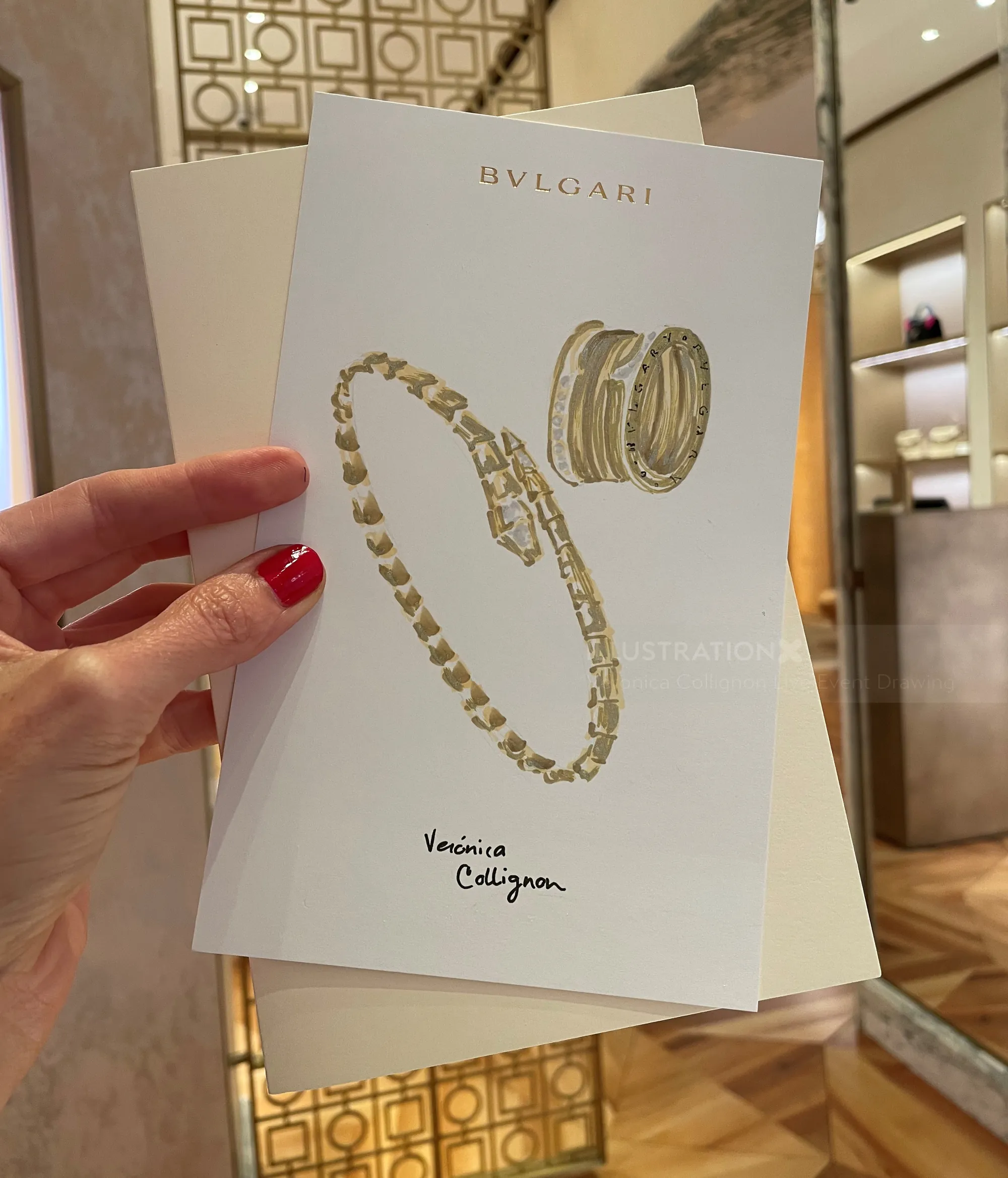 Bvlgari catalog showing necklace and rings illustrations