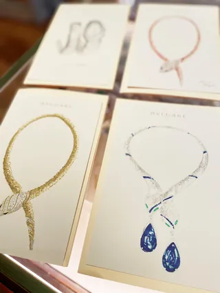 Drawings of various elegant necklaces with gemstones on display cards