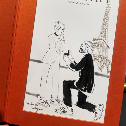 Sketch of person proposing marriage near Eiffel Tower
